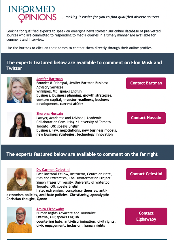 InformedOps's tweet photo. Hey #CdnMedia! These experts are available to comment on:
#ElonMuskBuysTwitter:
👉 @JeniferInc
👉 @RenaHussain1
#FarRightMovement:
👉 @PhilofWrite
👉 @AmiraElghawaby
#DiversifyYourSources
Contact them here: https://t.co/NwO5yKC2Eb https://t.co/VimTzsP0cN