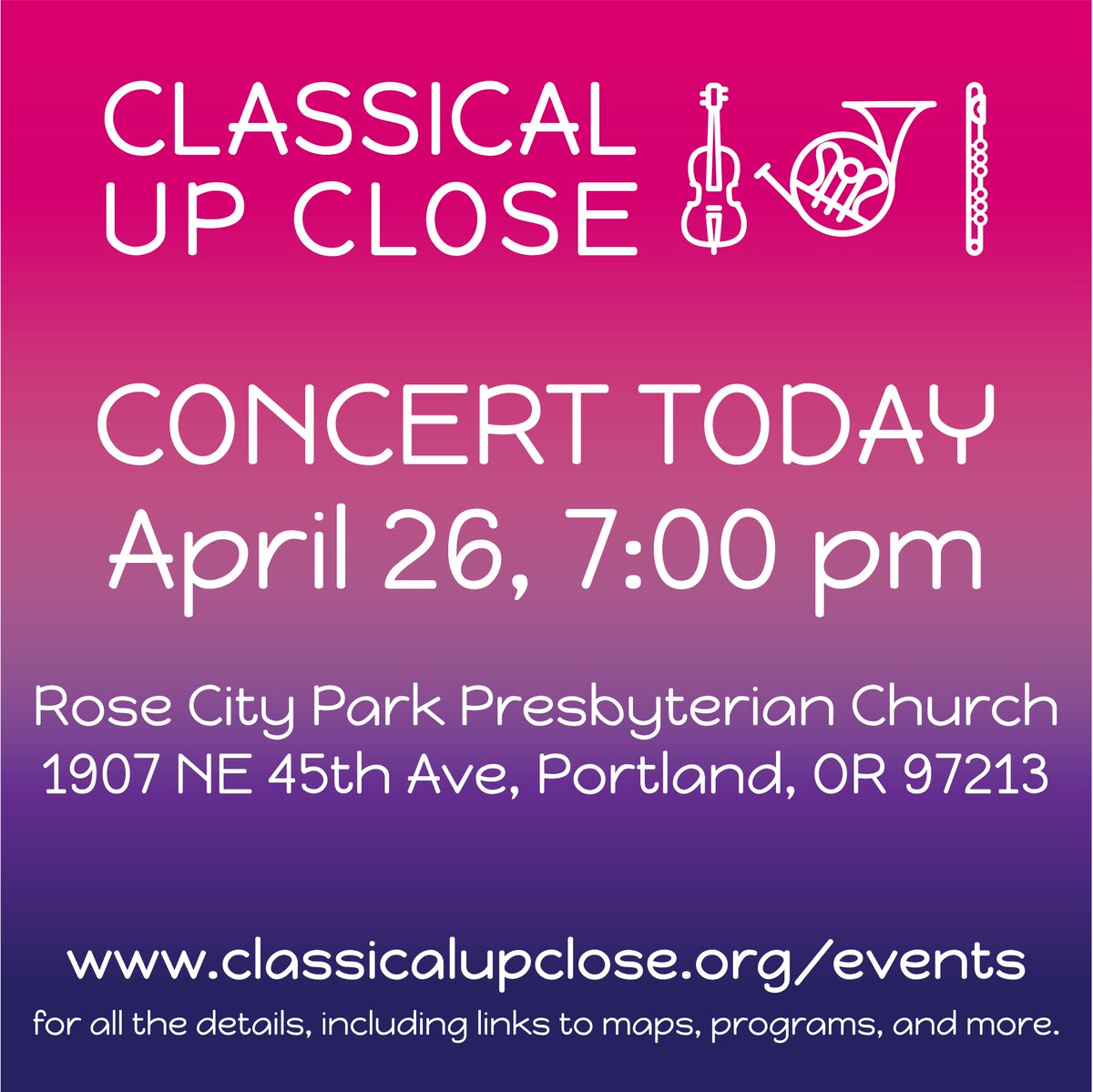 Today's the day! A FREE concert at Rose City Park Presbyterian Church in NE Portland's Hollywood District. There are no tickets for this concert — just come as you are and enjoy live music again! #upclosepdx #classicalupclose #classicalmusic #freeconcert