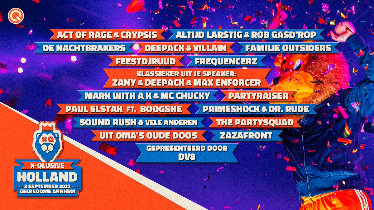 De gezelligste familie van Nederland is weer terug, gewapend met nieuwe platen, edits en mash-ups. 

Met trots presenteren wij de grootste X-Qlusive Holland line-up ooit! Bij welke set sta jij vooraan? 
De kaartverkoop start aanstaande zaterdag om 13:00 (CEST).🦁
