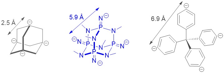 Now nicely typeset! 

As a few people have asked offline, here's a size comparison that, in retrospect, we probably should have put into the paper. 

Our 4-way PN cage connector opens up the parameter space between adamantanes and tetraarylmethanes.