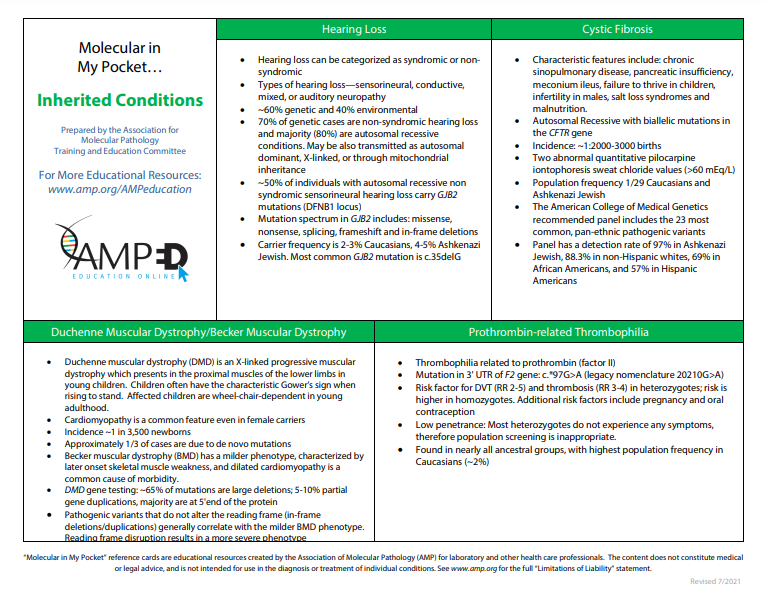 AMPath's tweet photo. Need a quick reference guide on inherited conditions such as Hearing loss, Cystic Fibrosis Factor V Leiden? AMP has a Molecular in My Pocket card that covers these #inheritedconditions, and many more!
View card here: https://t.co/EipvYpz00s #molpath #pathtwitter https://t.co/EHTPDb08GN