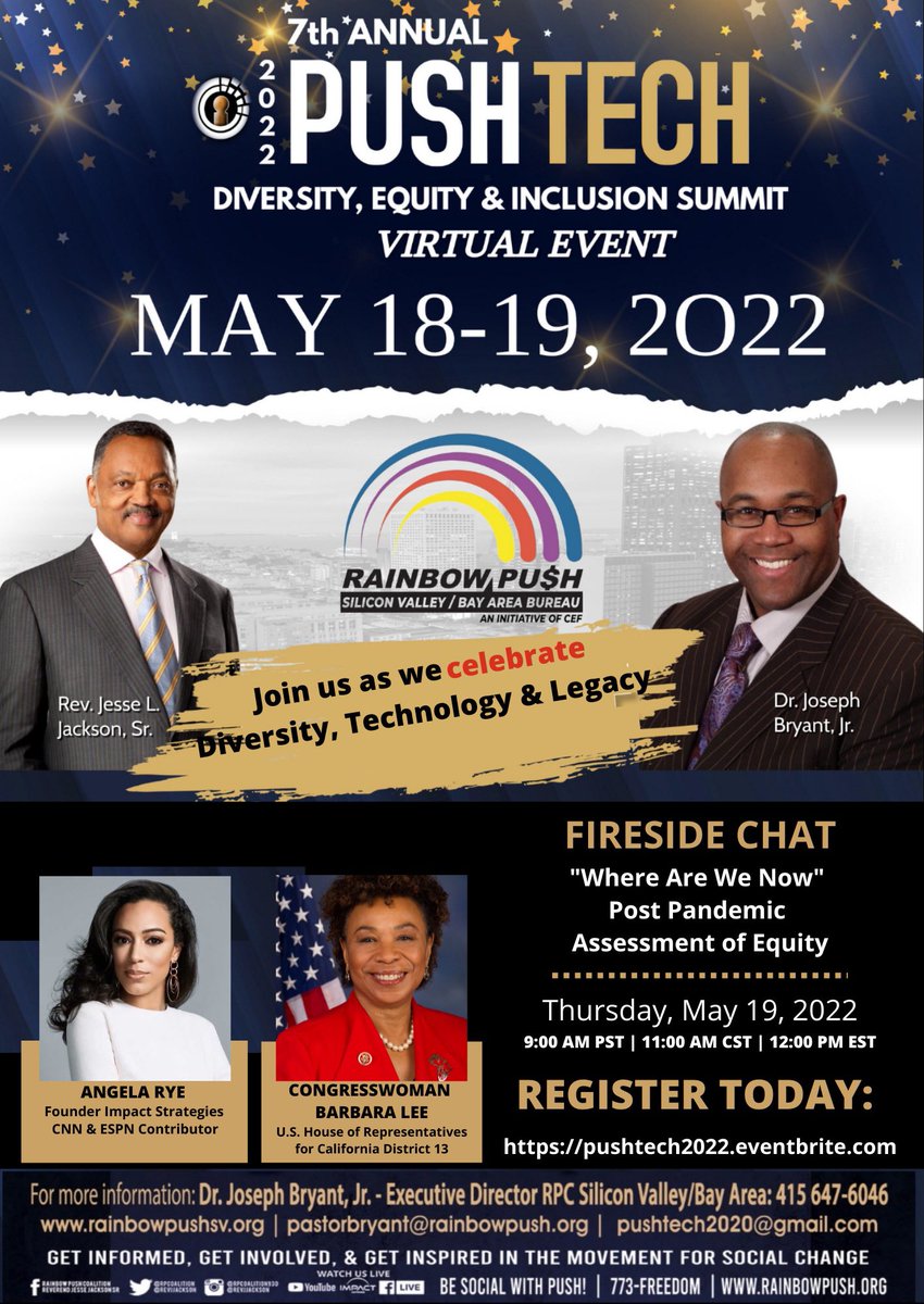 RevJJackson's tweet photo. Join us for #PUSHTech2022 May 18-19, 2022 #Diversity, #Equity &amp; #Inclusion Summit! It’s Virtual. 🔥🔥🔥🔥Fireside Chat——>Where Are We Now ? A Post Pandemic Assessment of Equity with @angela_rye and @RepBarbaraLee Register Today https://t.co/NMaGAvJZLq #PUSHTech2022 https://t.co/JkIG44x6bP