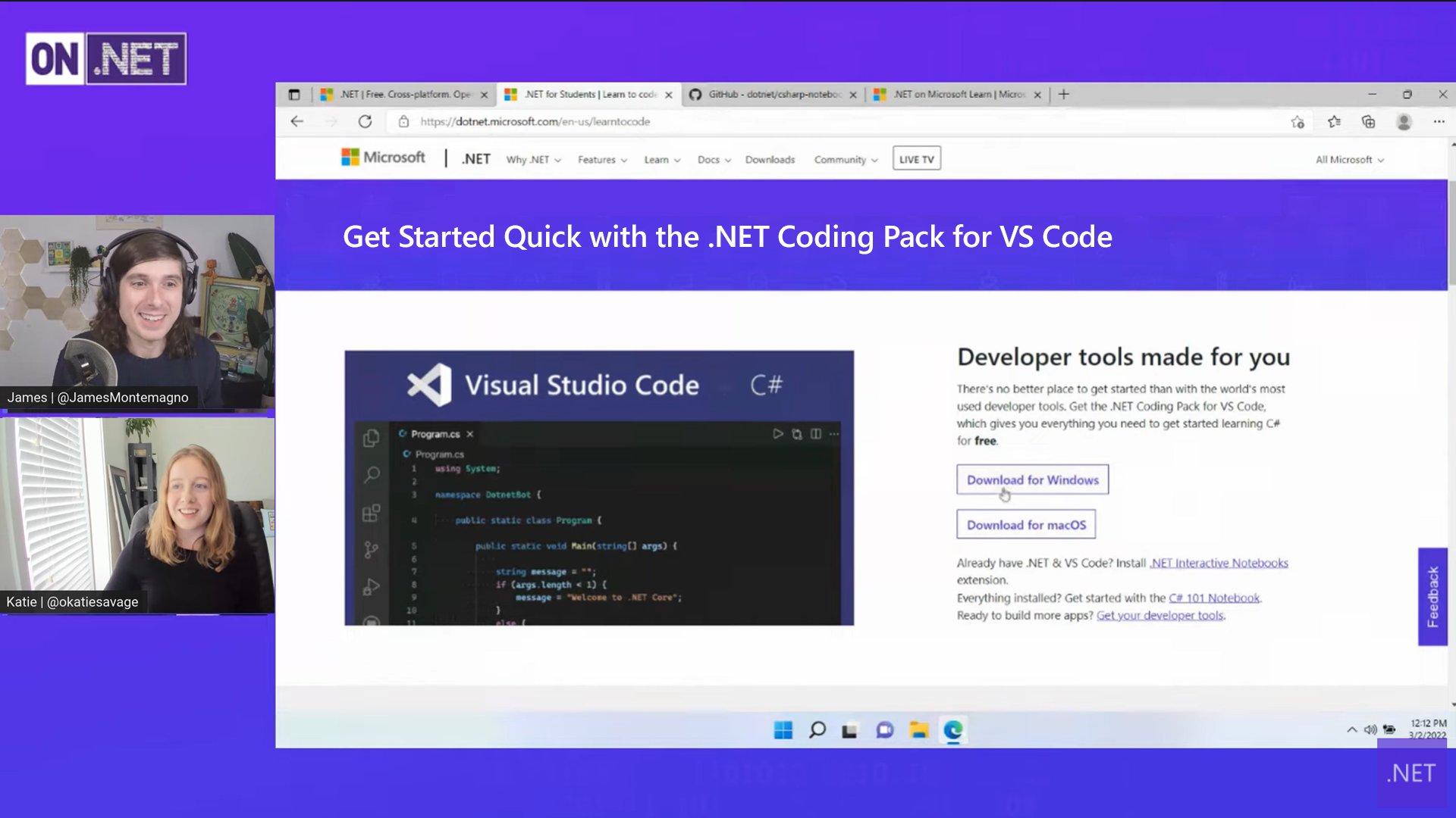 Microsoft Visual Studio on Twitter: "Start learning C# and building apps  with the .NET Coding Pack for Visual Studio Code. @JamesMontemagno and  @okatiesavage show you how: https://t.co/cJqQXWeP7G #DotNET  https://t.co/Bb7wUp4BqR" / Twitter