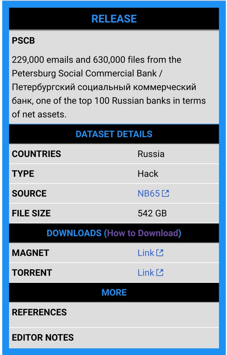 cyber_etc's tweet photo. Russia 🇷🇺 : hacking group #NB65 (Network Battalion 65) leaked 229,000 emails and 630,000 files (542 GB) from #PSCB (Petersburg Social Commercial #Bank), one of 2022's top 100 Russian banks.

#DDoSecrets #Anonymous #DataBreach #OpRussia #Russia #Ukraine @xxNB65
Via @NatSecGeek https://t.co/jKmGBFN1fp
