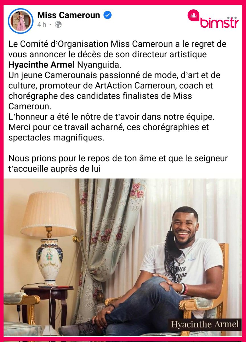Bimstr237's tweet photo. #BimstrNécrologie
Le Comité d’Organisation de @MissCamerounOff annonce le décès de son directeur artistique Hyacinthe Armel Nyanguida.
Nos sincères condoléances à sa famille et ses proches. Que son âme repose en paix🙏🏾
#Bimstr https://t.co/SDNaClPsCl