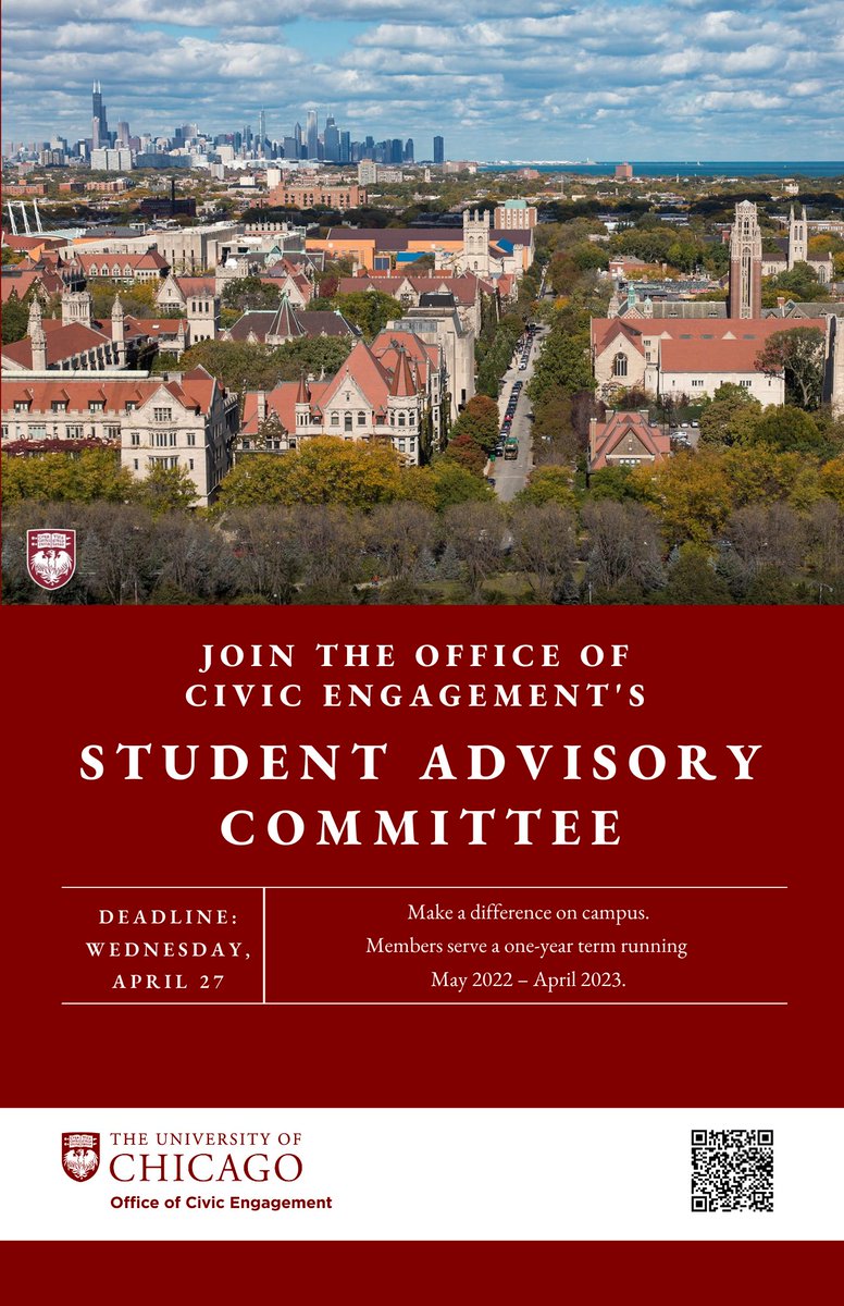 Make a difference on campus by joining @UChiEngagement's Student Advisory Committee! The one-year term will run from May 2022 to April 2023. Learn more and apply by April 27: docs.google.com/forms/d/e/1FAI…