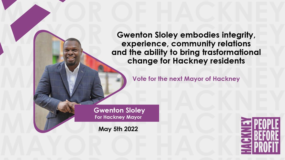 Hackney residents require and deserve a bridge between the people and local services that is orientated to serve their needs

Gwenton Sloley has a transformational plan to do just this

Vote in <a href="/Gwenton/">Gwenton Sloley</a> as the next Hackney Mayor on Thursday May 5th

#WeMatter