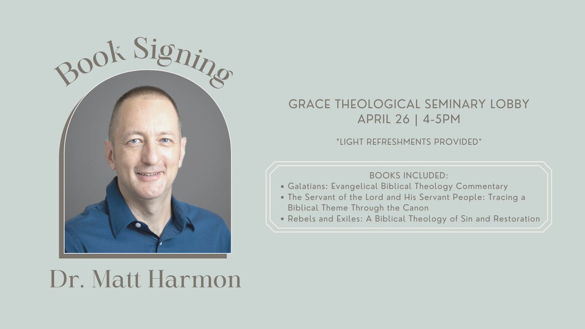 GraceSeminary's tweet photo. Swing by this afternoon for a book signing from our very own Dr. Matt Harmon! #GraceTheologicalSeminary #GTS #GraceCollege #GraceSeminary #Seminary #TrainingPastors #MinistryTraining #Ministry #TheologicalTraining #Theology https://t.co/ihWZHPSbrk