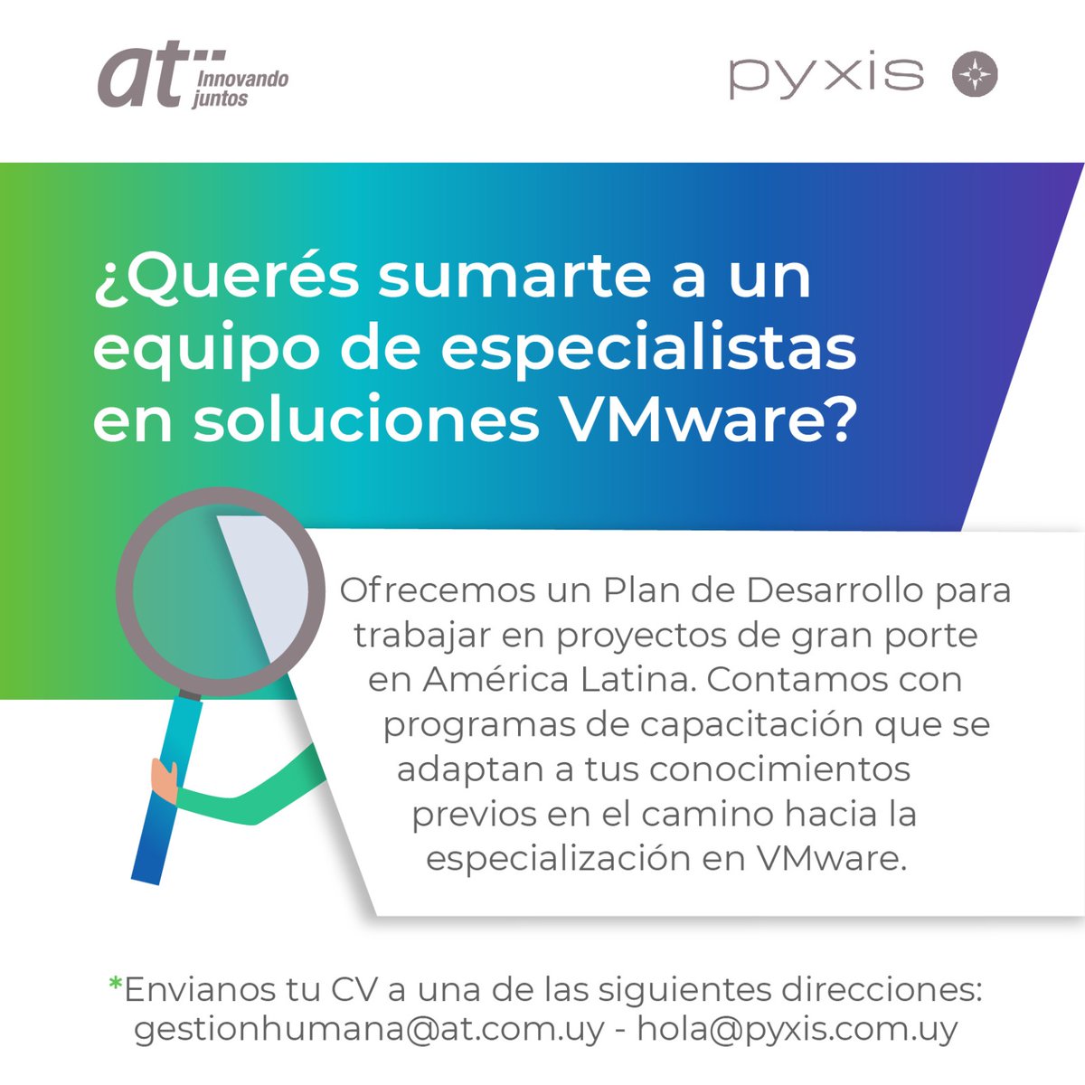 Pyxisportal's tweet image. Sumate a un equipo de especialistas en soluciones VMware💪🏻💻

#Pyxis ➕ @AT_Uruguay te brindan la posibilidad de formar parte de un Plan de Desarrollo para especializarte en tecnologías VMWare y trabajar en proyectos de mediano y gran porte a nivel nacional 🇺🇾 y latinoamericano🌎