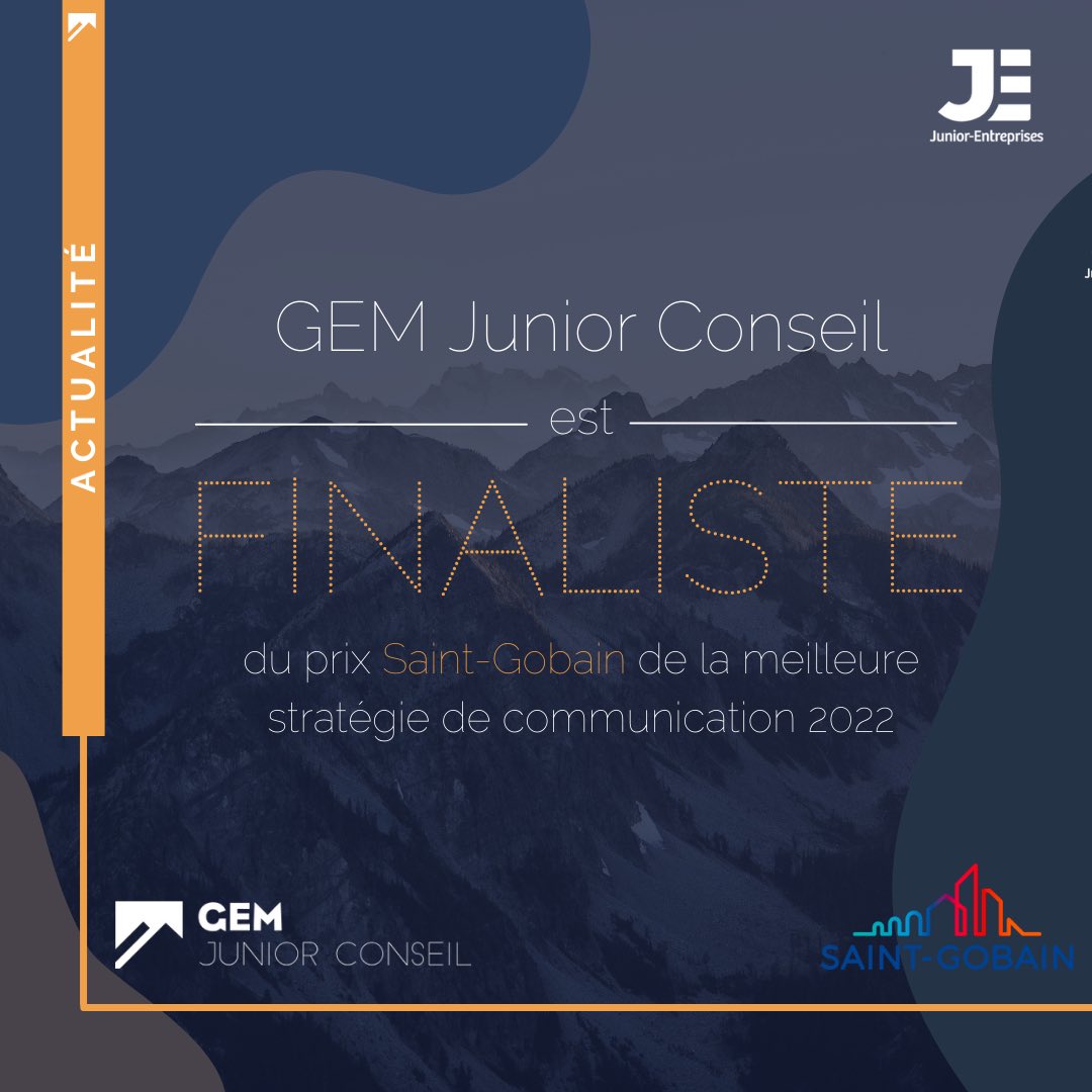 GEM Junior Conseil (@gem_jc) on Twitter photo ▪️ACTUALITÉ : GEM JUNIOR CONSEIL FINALISTE DU PRIX DE LA MEILLEURE STRATEGIE DE COMMUNICATION▪️
Nous sommes fiers de vous annoncer que GEM Junior Conseil est finaliste du Prix de la Meilleure Stratégie de Communication 2022, décerné par <a href="/saintgobain/">Saint-Gobain</a> ! ▪️ACTUALITÉ : GEM JUNIOR CONSEIL FINALISTE DU PRIX DE LA MEILLEURE STRATEGIE DE COMMUNICATION▪️
Nous sommes fiers de vous annoncer que GEM Junior Conseil est finaliste du Prix de la Meilleure Stratégie de Communication 2022, décerné par <a href="/saintgobain/">Saint-Gobain</a> !
