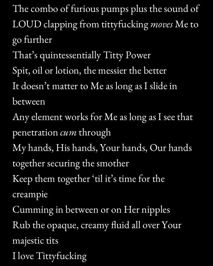 TheBreastWay's tweet photo. The latest poem as part of #TittyTuesday is called #TittyPower!
Thank you @BoobGoddessAri for inspiring me with the poem title.
#EroticPoetry
#DirtyTalk
#SocialSex
#Tittyfucking https://t.co/A0gi8OhwfQ