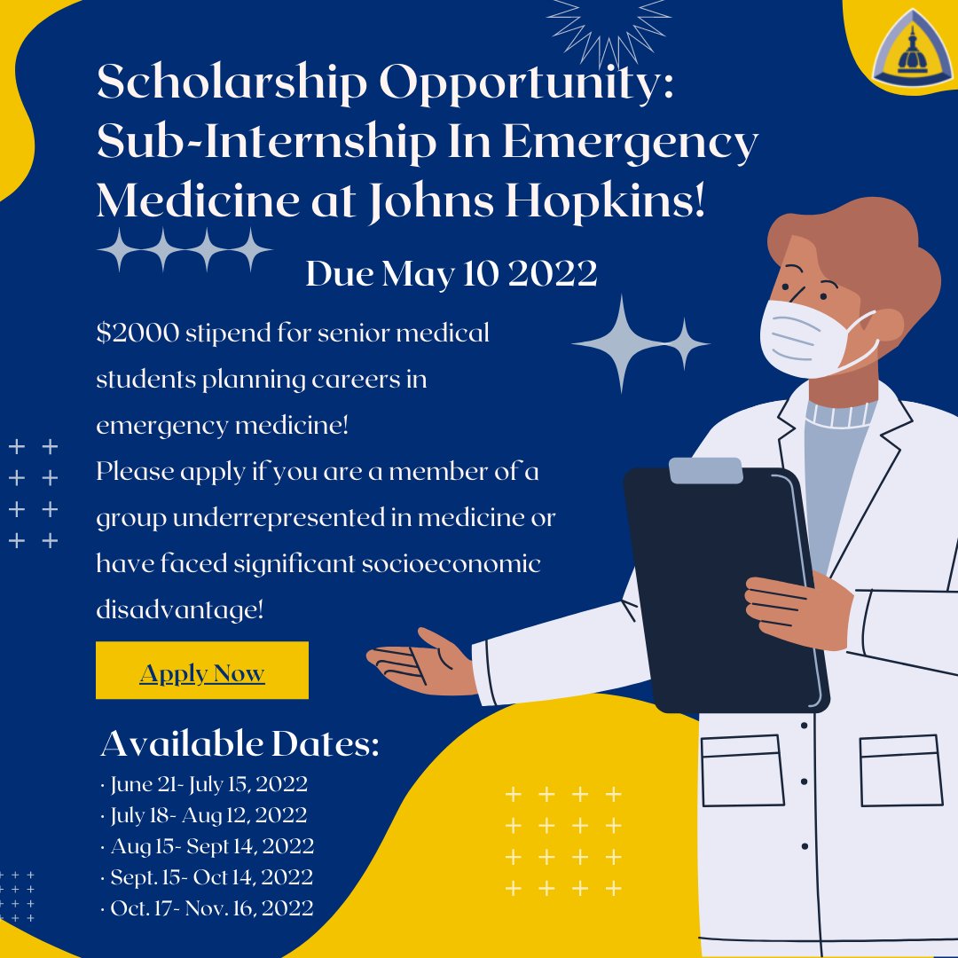 Are you #URM or face socioeconomic disadvantage and interested in EM?

Good news! We have $2000 stipends for senior medical students to do a Sub-I at Hopkins EM!

Link for announcement: bit.ly/3LhVPLg
Link for the application: bit.ly/3LkyJne

Come join us!