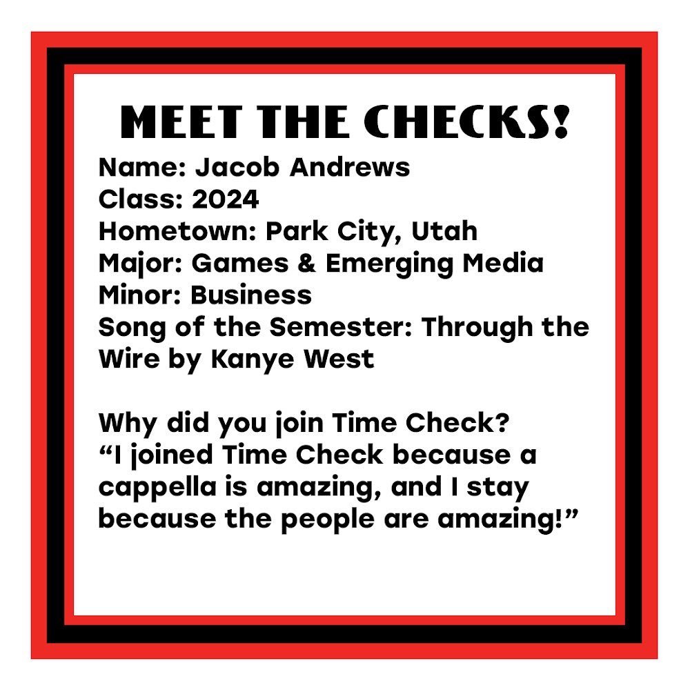 TimeCheck1's tweet image. Welcome to another edition of Meet The Checks, introducing one of our new members!

Get to know Jacob Andrews! Show Jacob some love!

Don&apos;t forget to reserve tickets for our concert, &quot;On My Way With Marist A Cappella&quot; THIS Sun. May 1st!!
- - - -
#MeetTheChecks
#TimeCheckACappella