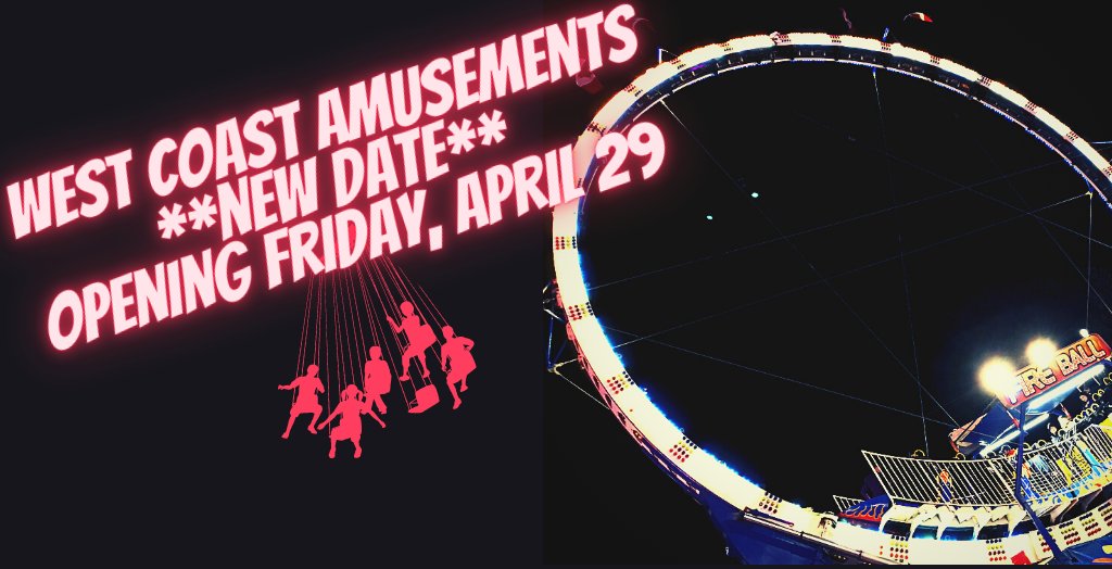 West Coast Amusements has had to change their opening date to this Friday, April 29th, instead of Thursday.

The good news is that they will be here from April 29th - May 8th (closed Monday, May 2).

For full rates, dates &amp; times, visit aberdeenmall.ca/events/aberdee…