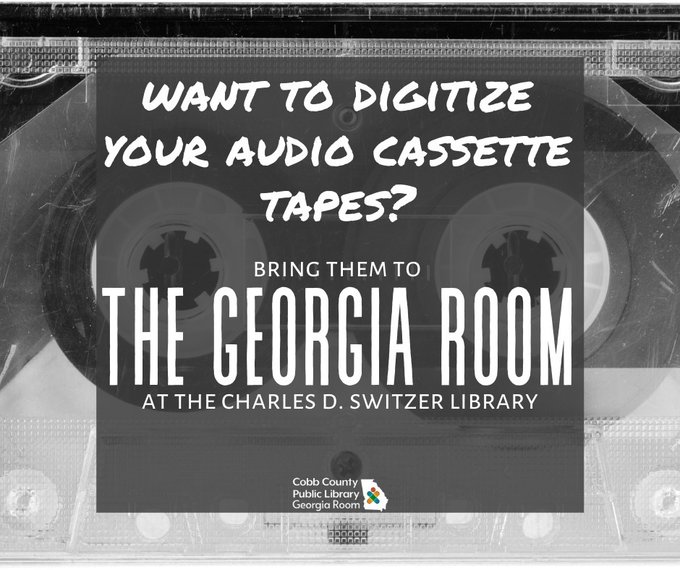 The Georgia Room #SwitzerLibrarycan convert your audio cassette tapes to a digital .mp3 file!  Bring em! (48 hour processing time) Contact halet@cobbcat.org for more information.
.
#digitalaudio #digitizeaudio #digitizing #preservation #preservationweek #cobbgaroom #cobblibrary