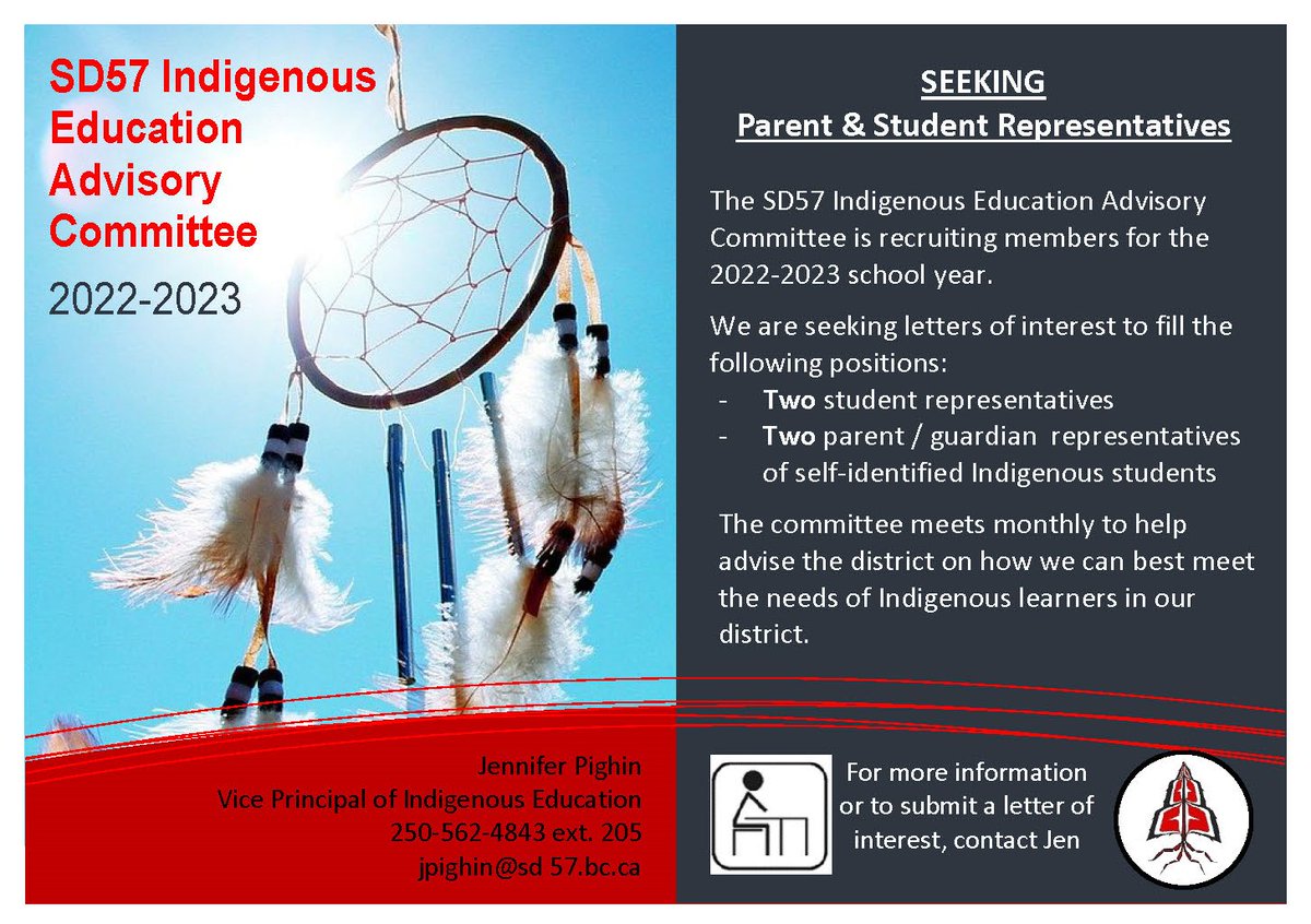 The Indigenous Education Advisory Committee is recruiting student &amp; parent/guardian committee members for the 2022-2023 school year.
Seeking:
• Two self-identified Indigenous student representatives
• Two parent / guardian representatives of self-identified Indigenous students