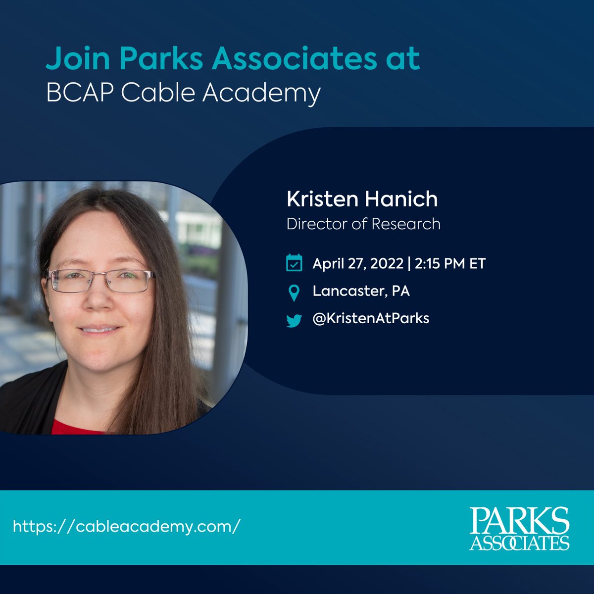 ParksAssociates's tweet photo. Join our Director of Research, @KristenAtParks, who is speaking at @BCAPisBroadband on April 27-28th. Register Now: https://t.co/ezysFSNMfy #speakingevents #industryleaders #businessintelligence #leadershipdevelopment #innovation https://t.co/uYYxykLeak