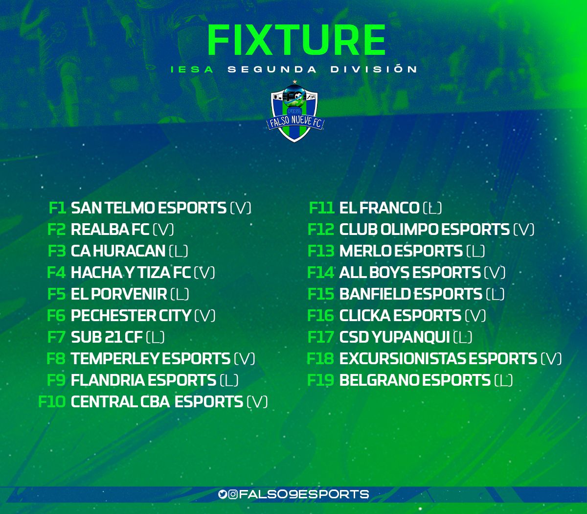 📃 FIXTURE COMPLETO

Ya tenemos listo el calendario de esta nueva temporada de <a href="/IESAFIFAar/">IESA Argentina</a>. Hoy mismo tendremos el debut contra San Telmo en condición de visitante y cerraremos la temporada ante Belgrano como local.

#VamosF9 💙💚💙
<a href="/bssdesign/">b.rtl</a>