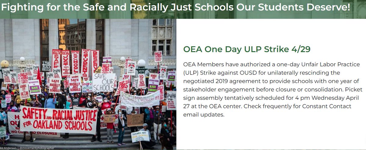 “Educators, families and the community are united against <a href="/OUSDNews/">ousdnews</a>’ racist, illegal decision to close schools, which impacts students of color the most. Oakland educators are defending our schools and our right to defend our labor agreement.” <a href="/OaklandEA/">Oakland Education Association</a> President Keith Brown