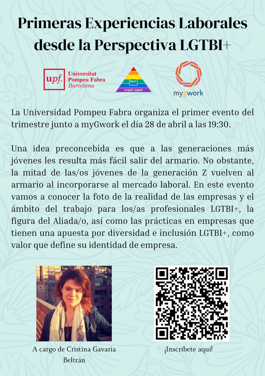 econ_empresaUPF's tweet photo. 🗨️La #UPFBarcelona i #myGwork organitzen l'esdeveniment:
"Primeras Experiencias Laborales desde la Perspectiva LGTBI+"
📅 aquest dijous 28-04-22
⏰ a les 19:30h
@UPFigualtat
✍🏽 Consulta'n més informació i el QR per inscriure't 🔽 https://t.co/ICUSsvK4ky