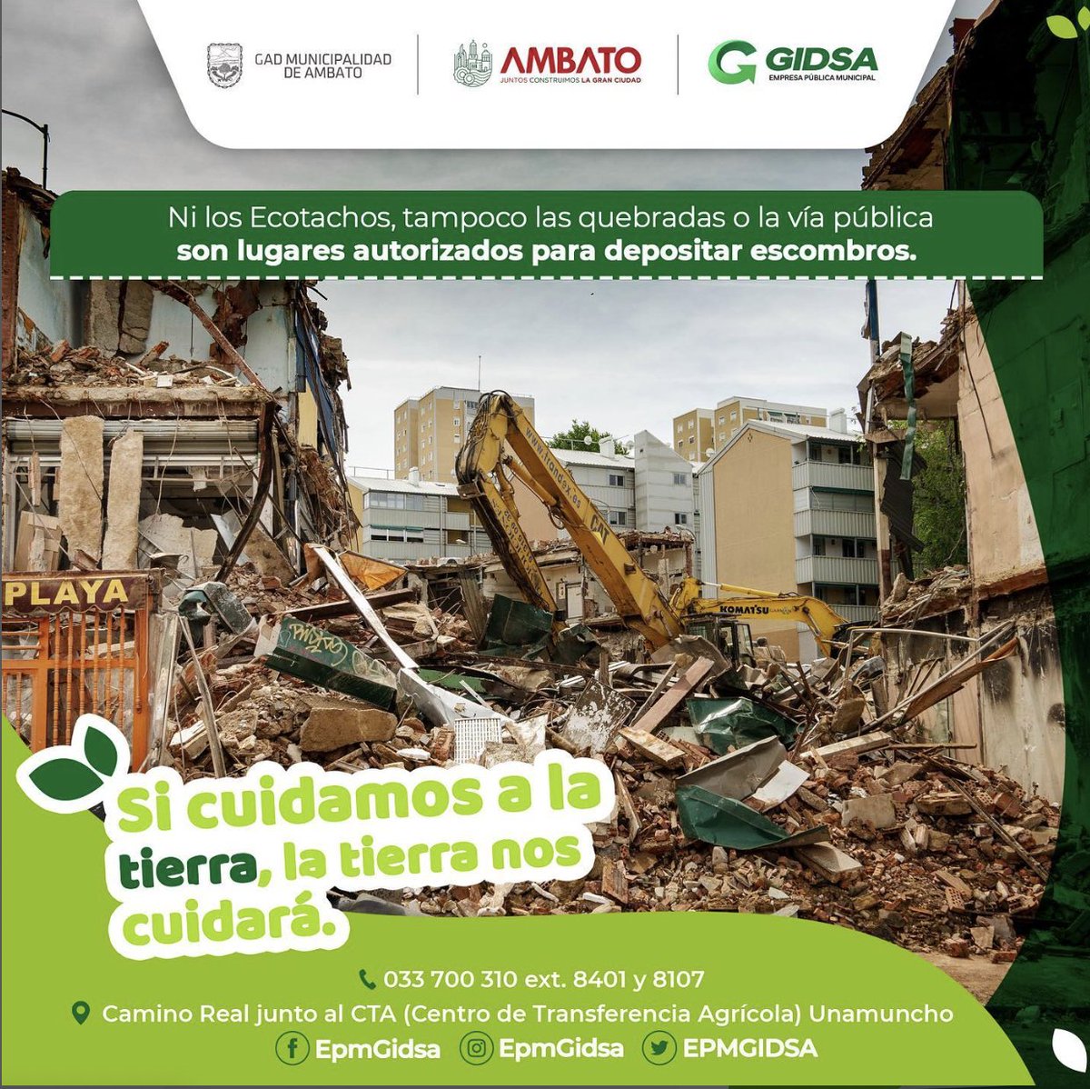 Ni los ecotachos, tampoco las quebradas o la vía pública son lugares adecuados para depositar escombros de construcción 🧱🚧

Deposita tus escombros solo en lugares autorizados🙌

Recuerda si cuidamos la tierra, la tierra nos cuidará🌎👌

Juntos construimos la gran ciudad💪