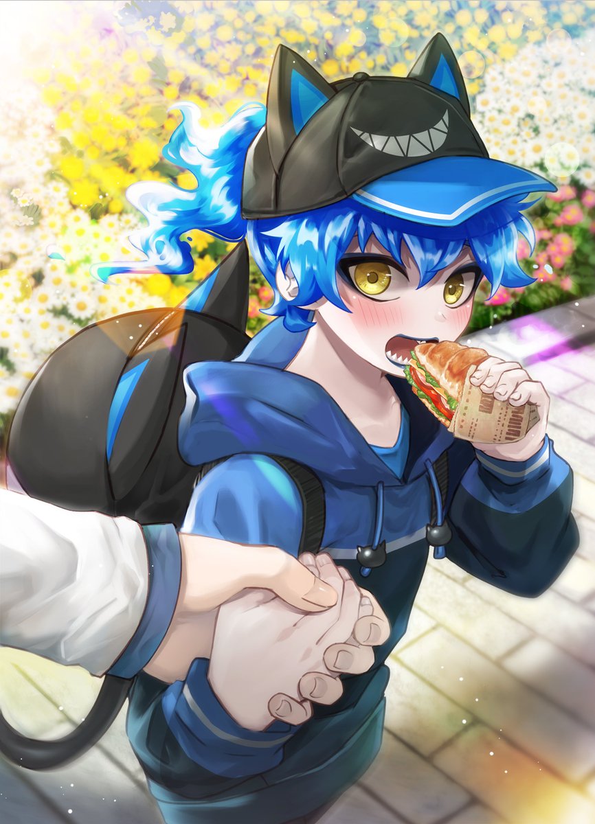 food male focus blue hair yellow eyes hat holding hands solo focus  illustration images