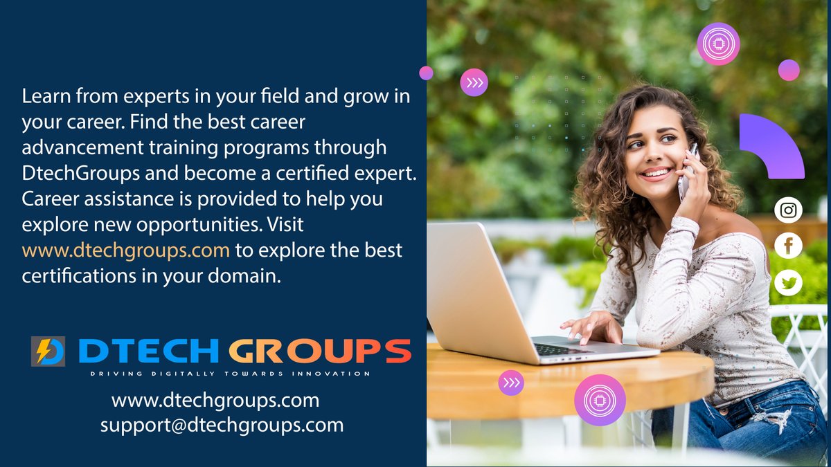 DtechgroupsM's tweet image. Learn from experts in your field and grow in your career.
Career assistance is provided to help you explore new opportunities. Visit dtechgroups.com to explore the best certifications in your domain.
#career #training #opportunities #help #certification