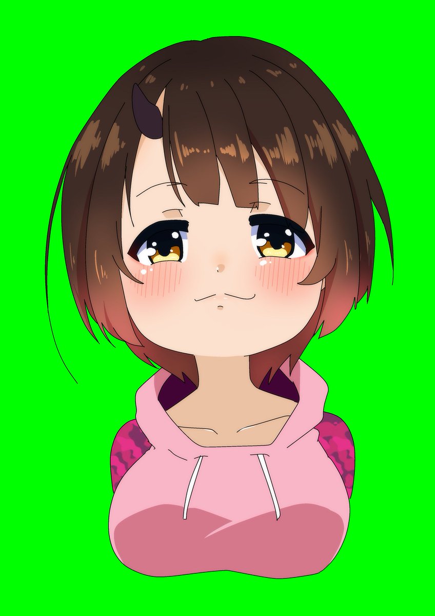 roboco-san 1girl solo pink hoodie green background brown hair hood hoodie  illustration images