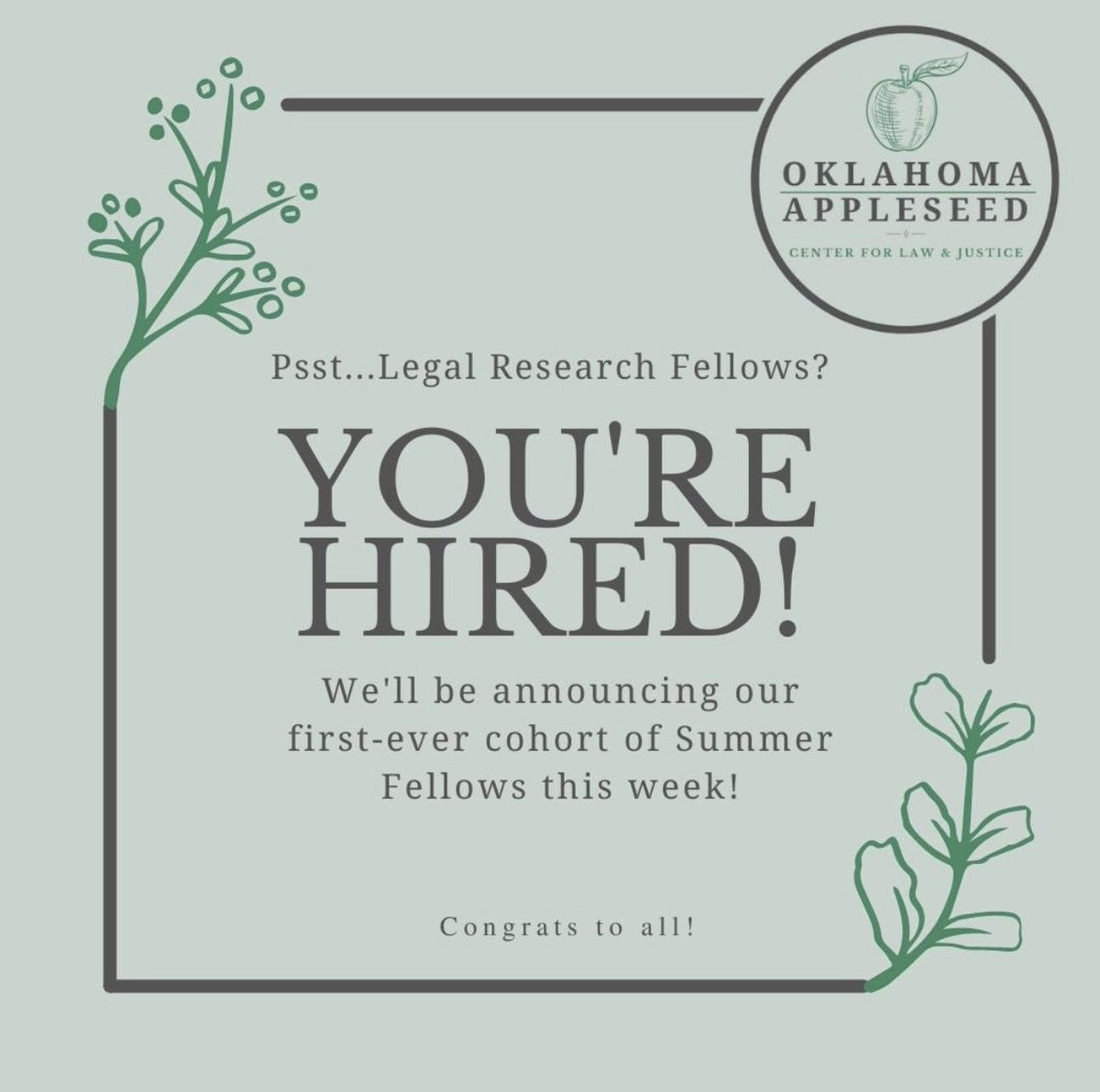 OK_Appleseed's tweet photo. It may be a secret today, but it won't be tomorrow! Stay tuned this week to meet #okappleseed's first-ever cohort of Summer Legal Research Fellows! We love them so much and can't wait to feature them across our platforms this week!
#oklaw #oklegal #yourehired #publicinterestlaw https://t.co/BNmaCjZxlE