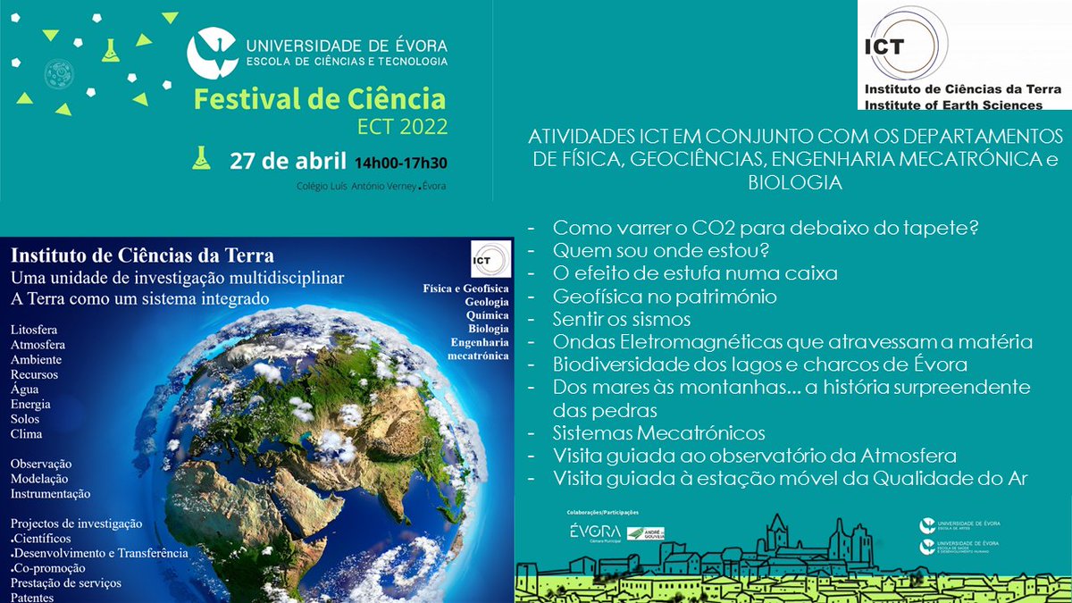ICT60634910's tweet photo. Amanhã à tarde é dia de Festival de Ciência Universidade de Évora. O ICT vai ter muitas atividades em que podes participar. Aparece no Colégio Verney a partir das 14:30h. #icterra #universidadedeévora @univdeevora https://t.co/rOxzzKWkuj