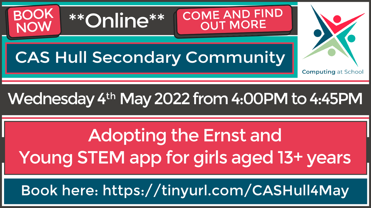 CasHumber's tweet photo. CAS Hull Secondary Community - Come and find out more about adopting the Ernst and young STEM app for girls aged 13+ years

Book here: https://t.co/Rfrb85FS1U

@CompAtSch https://t.co/RKj4IV31nC