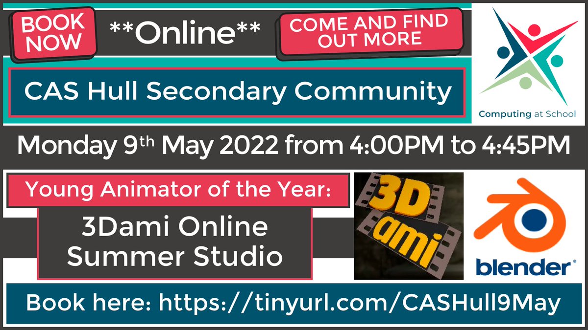 CasHumber's tweet photo. CAS Hull Secondary Community - join us to look at this summer's 3Dami Online Studio for students aged 13-18 years and we'll also be chatting about using Blender with KS3 and 4.
 
Book here: https://t.co/6oko5uOvCd

@CompAtSch https://t.co/dbEcIuBecZ