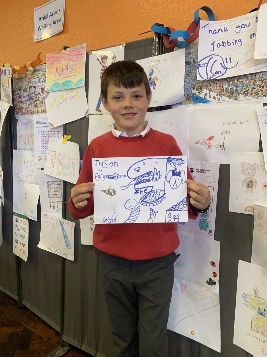 sbrowny0's tweet photo. We had a up and coming boxer in our @AneurinBevanUHB vaccination centres this week. Dafydd Owen spent his post vaccine wait time drawing a celebratory picture for his idol @Tyson_Fury 🥊💉 https://t.co/4UTpP3WLyL