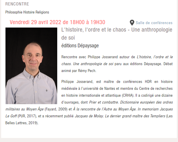 👉Avis aux Toulousain·e·s passionné·e·s d'histoire! Venez rencontrer Philippe Josserand, auteur de 'L'histoire, l'ordre et le chaos. Une anthropologie de soi' à @ombresblanches vendredi à 18h. La discussion sera animée par Rémy Pech. @CRHIA_NantesLR @NantesUniv @HistoireNantes