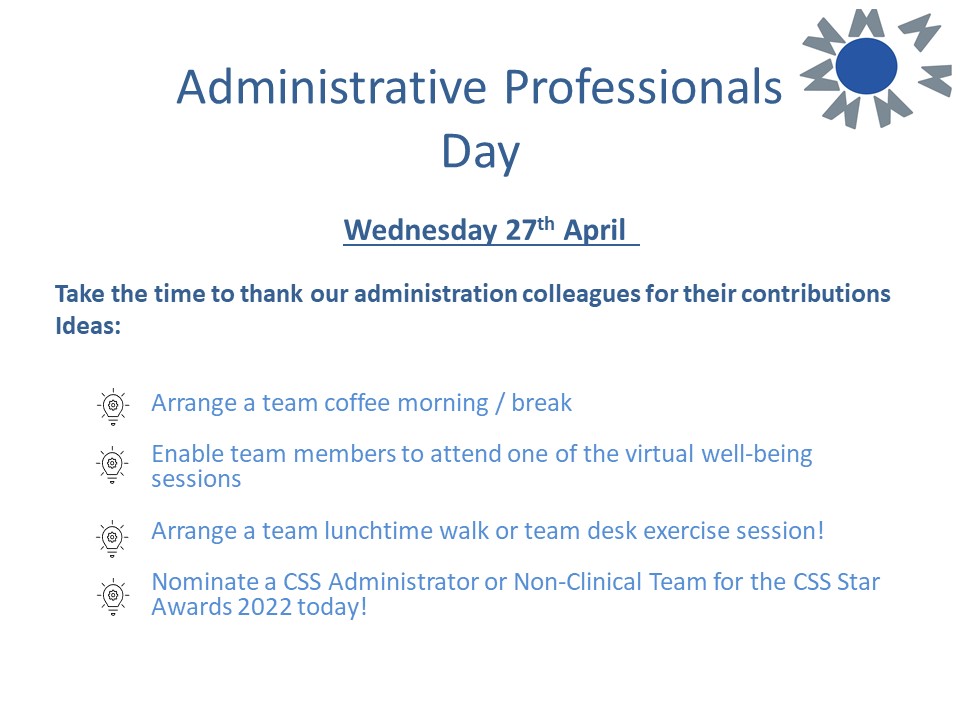 MFT_CSS (@mft_css) on Twitter photo ๐๐๐Don't forget!!๐๐๐
It's #AdministrativeProfessionalsDay tomorrow - plan some time to appreciate the admin teams in your area!
Nominate CSS Admin colleagues for a CSS Star Award to celebrate how much we appreciate them by clicking the link below!
forms.office.com/Pages/Responseโฆ ๐๐๐Don't forget!!๐๐๐
It's #AdministrativeProfessionalsDay tomorrow - plan some time to appreciate the admin teams in your area!
Nominate CSS Admin colleagues for a CSS Star Award to celebrate how much we appreciate them by clicking the link below!
forms.office.com/Pages/Responseโฆ