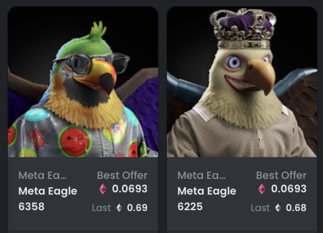 thecryptoyeti's tweet photo. so many things brewing with @galyverse looking forward to the baby Meta Eagles and the $Wing token. Get in while the floor price is low just added more to my growing family of eagles. Currently at 20 here are some of my favorites.

#NFT #NFTs #crypto #NFTCommuntiy https://t.co/a4Gc0zD4Vs