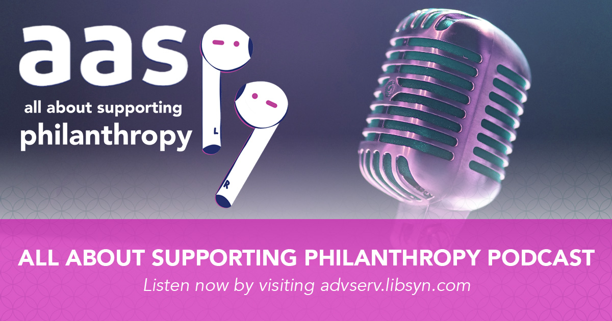 advserv's tweet photo. Produced by passionate members of aasp, the All About Supporting Philanthropy podcast where we drill down into what advancement services is and why it's so important for success in fundraising. Check out episode library today! https://t.co/iuGu6UTMbj https://t.co/fEWKP15QW6
