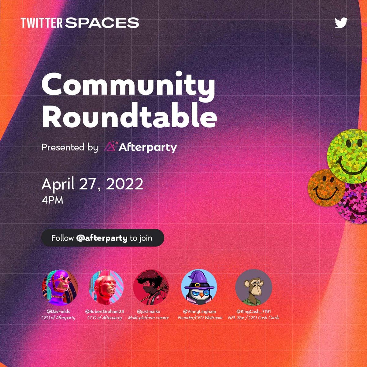 afterparty's tweet photo. Join us tomorrow at 4pm PT for a roundtable discussion between good friends, thought leaders, &amp; community members @VinnyLingham @justmaiko @KingCash_7191 &amp; the AP team on community, the new Guardians collection, Unplugged/Underground series &amp; more

https://t.co/1WBvW0YxMB https://t.co/is5mdDJjyd