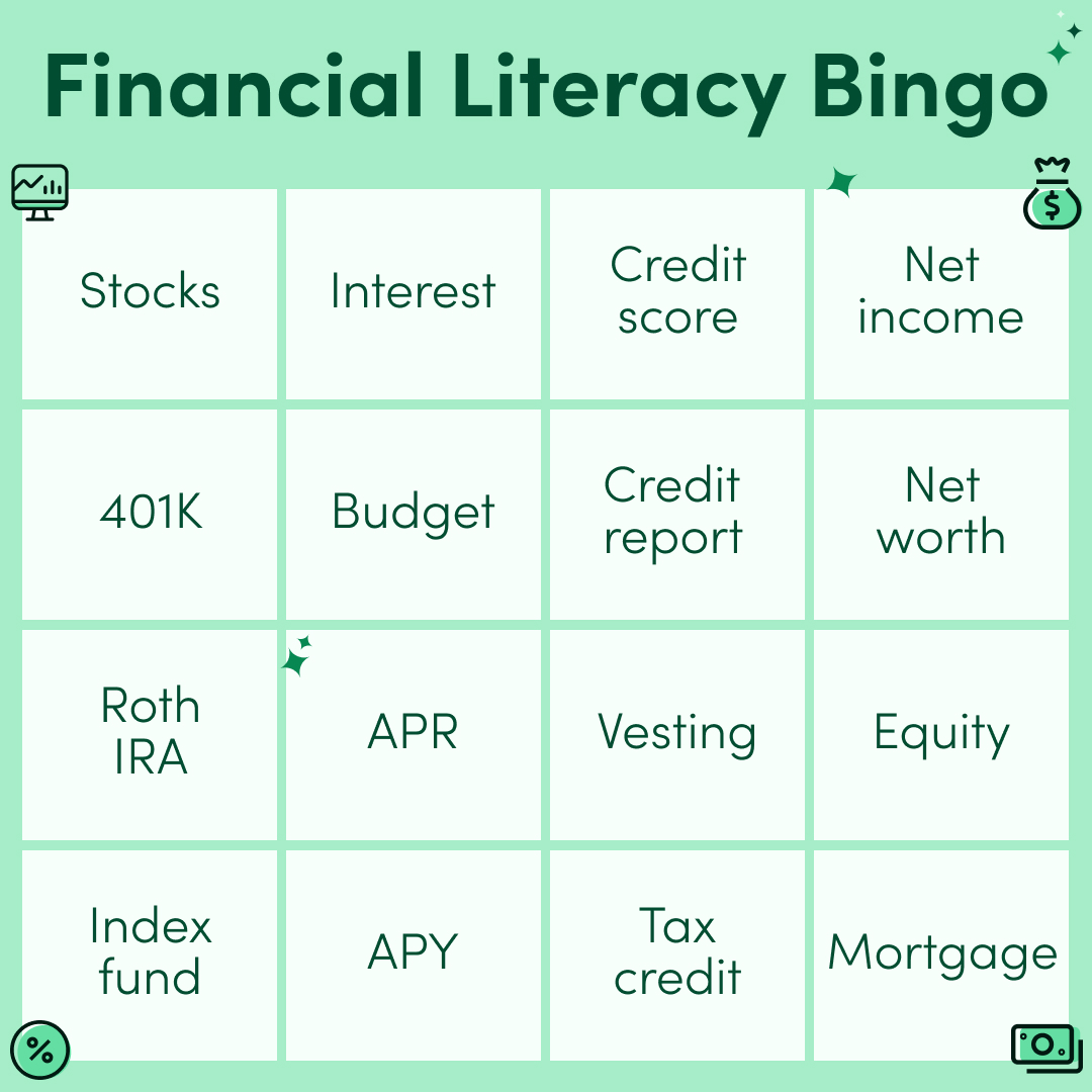 Let's play Financial Literacy Bingo! See how many important terms you know – and the ones you may need to brush up on.

Share with a friend to see who can fill their card first!

If you're ready to learn more, click here: bit.ly/3rS0aNO

#bingo #financialliteracymonth