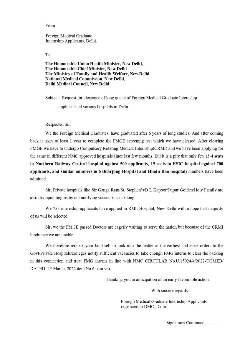 drPaclitaxel's tweet photo. Request for clearance of long queue of Foreign Medical Graduate Internship applicants, at various hospitals in New Delhi.
We the FMGE passed Doctors are eagerly waiting to serve the nation.

#Foreign_medical_graduates FMG
#Justice_for_fmgs
#Internship_for_qualified_fmgdoctors https://t.co/dndLrmnWzE