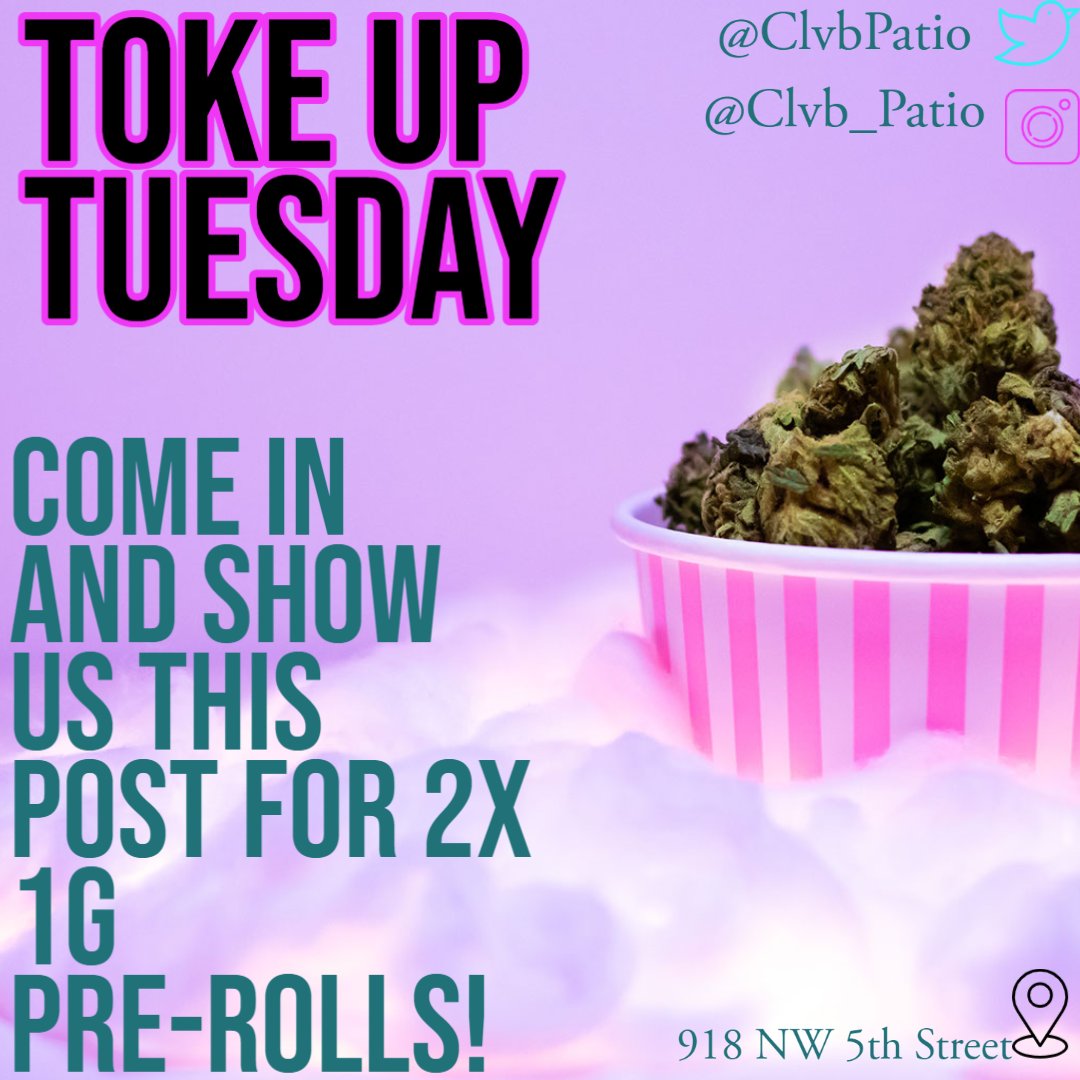 ClvbPatio's tweet photo. Come by The Clvb and show us this post Today, April 26th, to get 2 Pre-Rolls on us! Enjoy the patio while the weather is nice and take advantage of Toke Up Tuesday!
#LegalCannabis #Cannabis #OMMA #OKC #CannabisCommunity #MedicalCannabis #TokeUpTuesday #OklahomaCannabis #Midtown https://t.co/UvwxHUQT0P