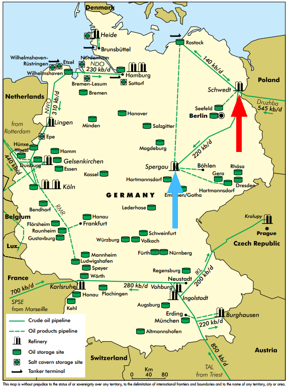 Today Germany  &  Poland struck a deal, that enables Germany to join oil sanctions against russia .A thread :The refinery in Schwedt (red arrow) provides 90% of the fuel for Berlin, Brandenburg and Mecklenburg-Vorpommern (= 10% of all German fuel needs).1/7