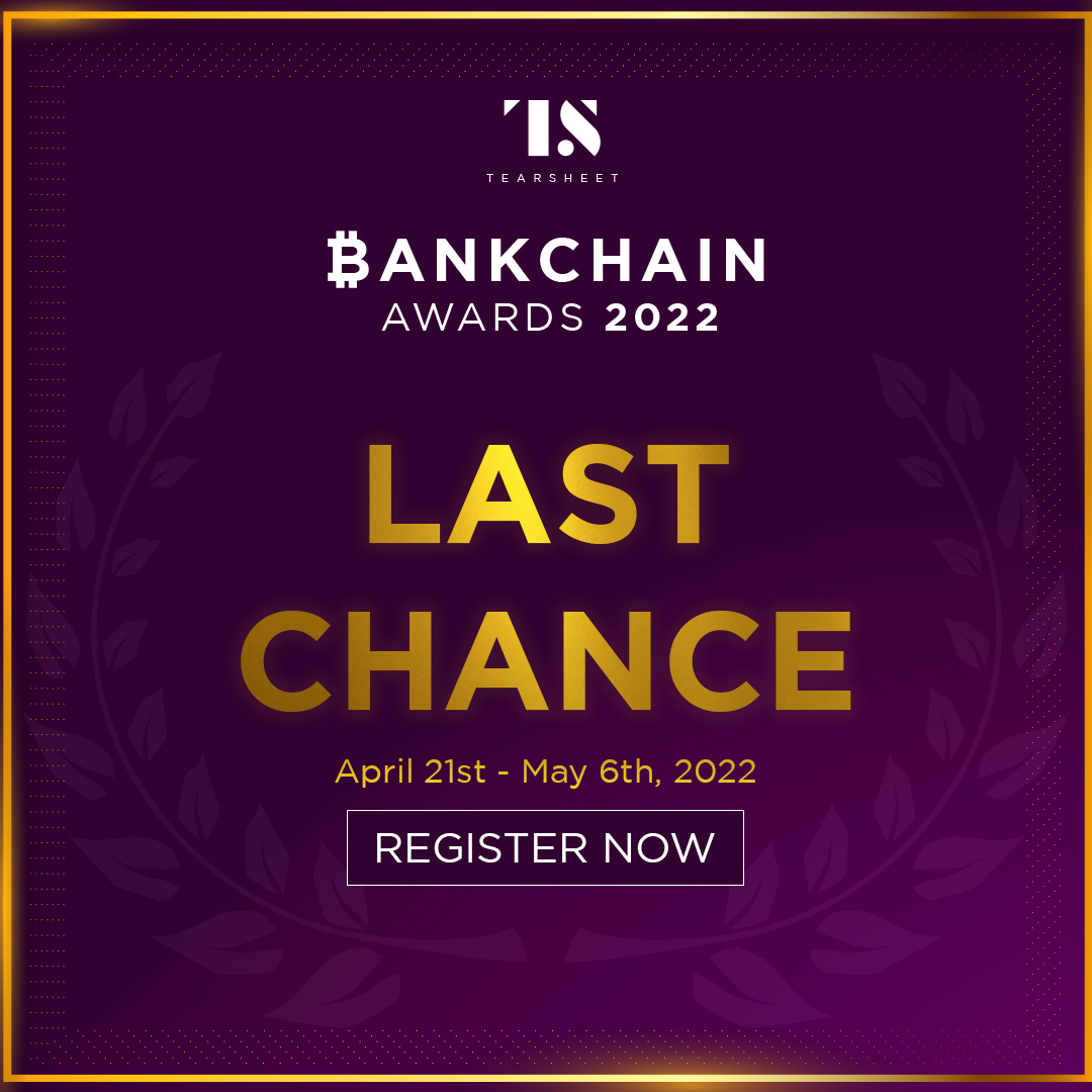 tearsheetco's tweet photo. Tearsheet's Bankchain Awards are LIVE
Apply for the awards here: https://t.co/x2vUXwYa8Z
#investing #blockchain #banking #innovation #crypto #cryptocurrency #awards #FinTech #FinServ #financialservices #defi #payments #TSBankchain2022 https://t.co/hLOE2zdDtP