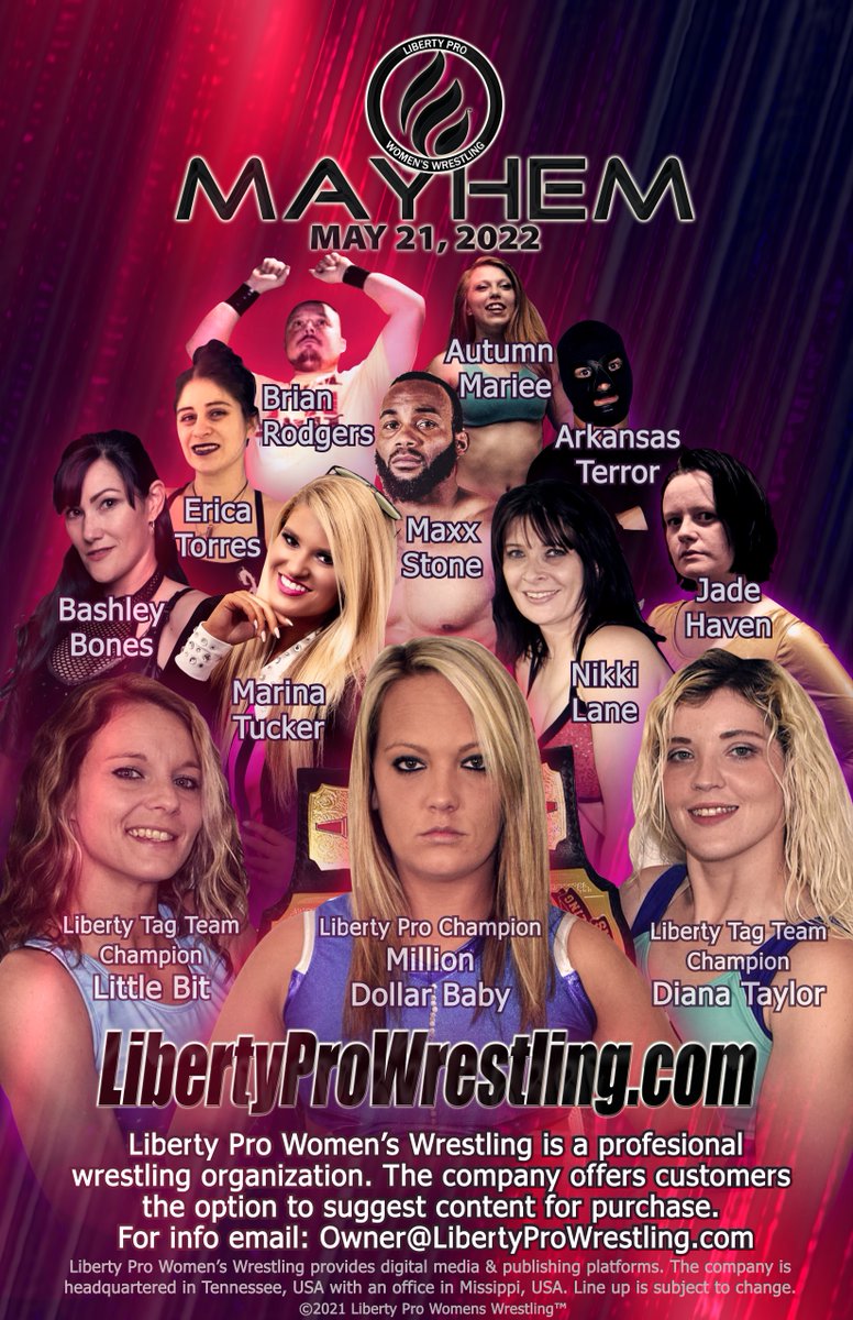LibertyProWres's tweet photo. May 21, 2022 #LibertyProMayhem Roster! Visit the #LibertyProShop (https://t.co/xmJ34xVxpx) for more information! Featuring:

⭐ Bashley Bones
⭐ Erica Torres
⭐ Little Bit
⭐ Million Dollar Baby
⭐ Arkansas Terror
⭐ Maxx Stone

...and more! https://t.co/Ps70irdJHE