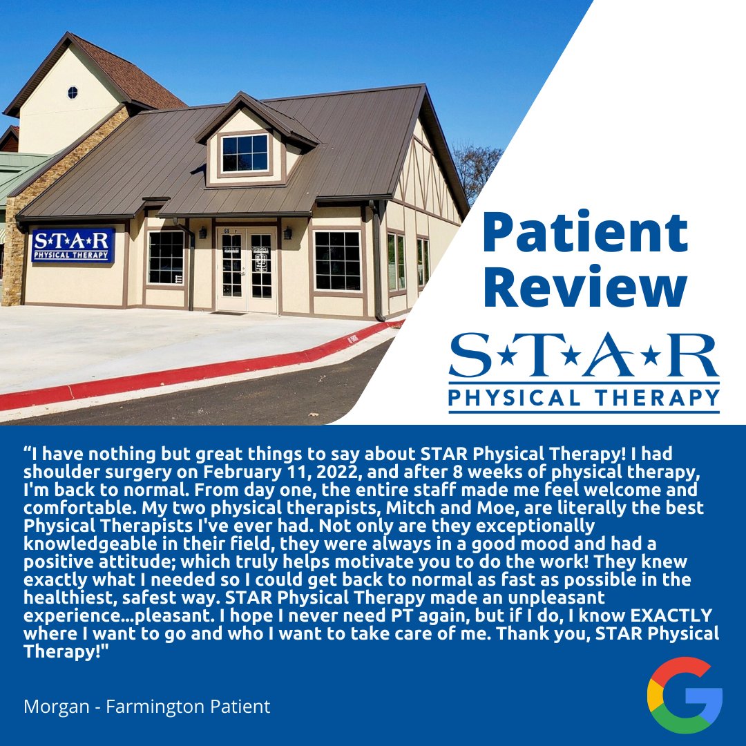 starpt4u's tweet photo. ⭐Testimonial Tuesday‼️⭐
📢 Our patients say it best!
Thank you Morgan for another ⭐⭐⭐⭐⭐ Google Review!
#PhysicalTherapy #FarmingtonAR #TestimonialTuesday https://t.co/6c5TeprFGK