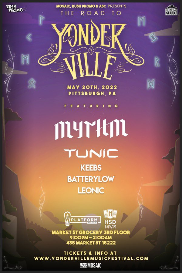 🔊 Pittsburgh 🔊
We teamed up with our best pals over at <a href="/Rush_Promo/">RushPromo</a> to bring y’all a lil dubstep to Downtown Pittsburgh w/ <a href="/mythmofficial/">myth</a>, Tunic, &amp; some hot regional selectas on Friday, 5/20! Ft. HSD! The road to <a href="/YondervilleFest/">Yonderville Fest</a> series is in full affect, tickets on sale now!!