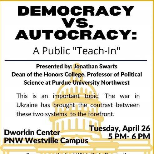 Reminder! Tonight there will a presentation from Jonathan Swarts, Ph.D. on Democracy vs. Autocracy. This event will be held on the Westville Campus from 5-6pm in the Dworkin Center. You won't want to miss this event! #pnwchess