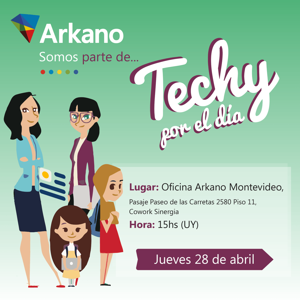 arkanosoftware's tweet photo. Falta menos para #techyporeldia, un evento promovido por la @CutiUy - Chamber of Uruguayan IT Companies en el Día Internacional de las Mujeres en las Tecnologías de la Información y la Comunicación.
#Techyporeldia #MujeresenIT #GirlsinICT #WomenInTech #Arkano #ArkanoCrece https://t.co/lVuRwGffnh