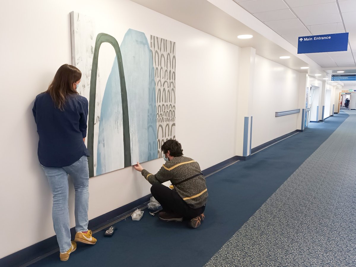 RoyalScotAcad's tweet photo. Some recent shots of our team installing works by Ilana Halperin RSA (Elect),  Susie Leiper, and Elspeth Lamb RSA at the Royal Infirmary in Edinburgh on behalf of ELHF Tonic Arts 🖼️ https://t.co/xPMFxIaBoS