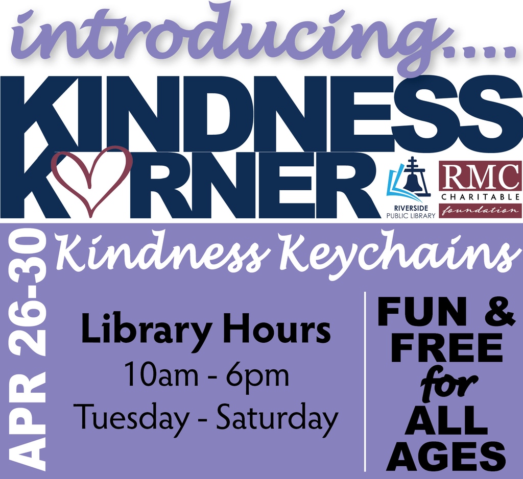 ABI_Bullying's tweet photo. Come out and visit your local Riverside Public Library this week. We will be hosting our Kindness Korner where we will be decorating Kindness Keychains all week long! We hope to see you there!
.
.
#RMCCF #ABI #KindnessKorner #RiversidePublicLibrary https://t.co/B7ZLloOA6t